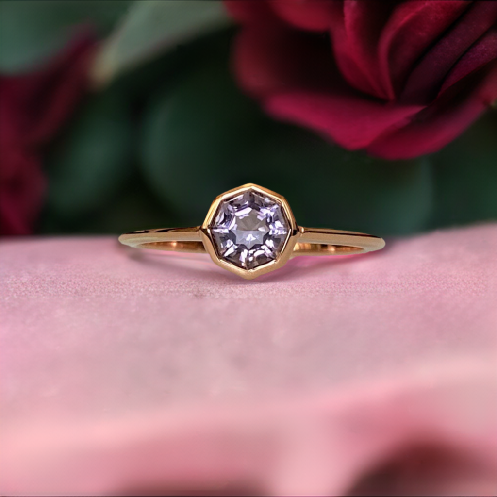 FARA Bezel Set Pink Amethyst Engagement / Promise / Stackable Ring 18K Rose Gold Plated Silver