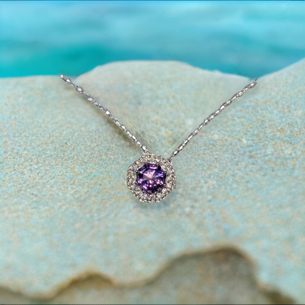 2ct. Amethyst & Natural White Zircon Halo Pendant Necklace, Sterling Silver, 18 inch Chain February birthstone fine jewelry gift for women