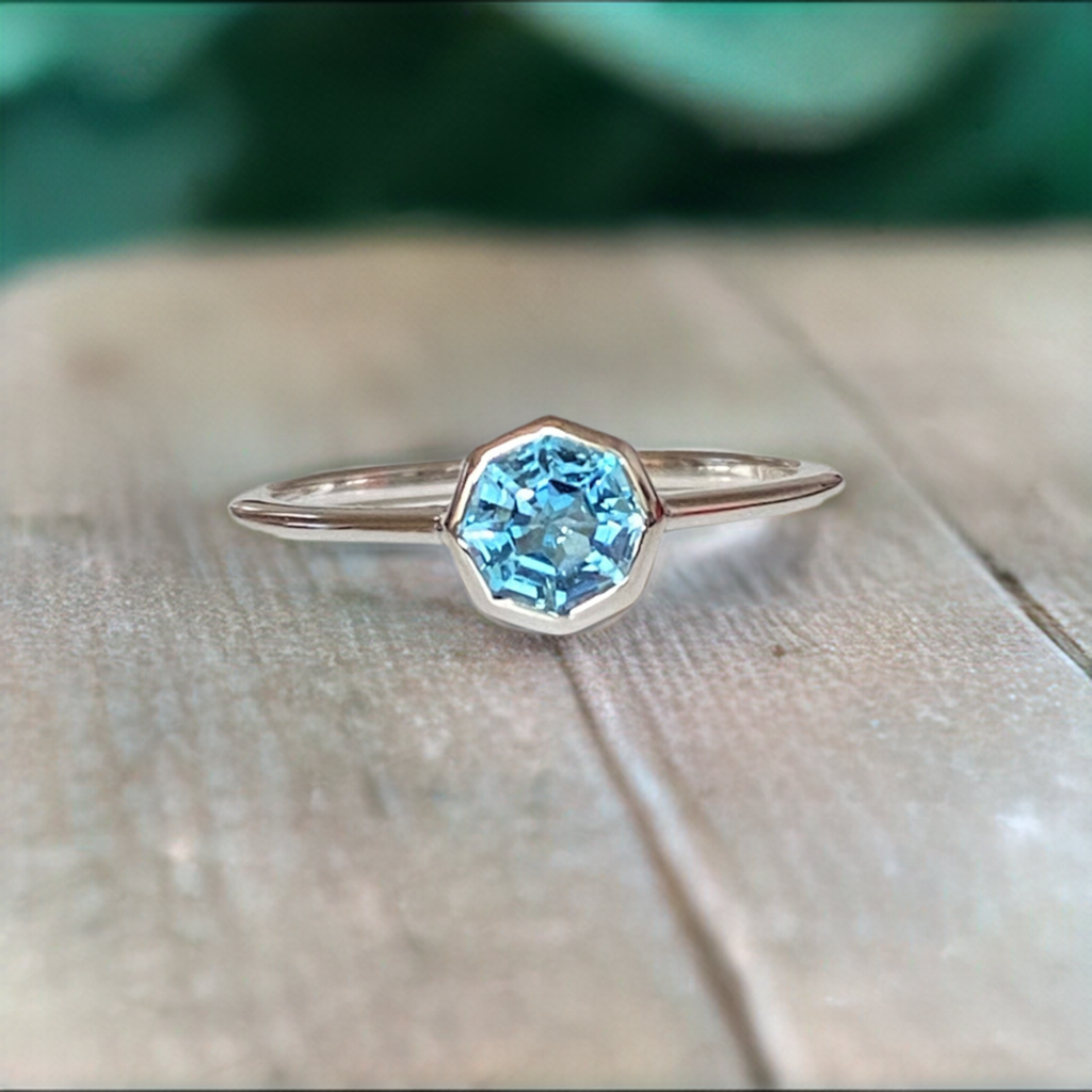 FARA Bezel Set Blue Topaz Engagement / Promise / Stackable Ring Sterling Silver