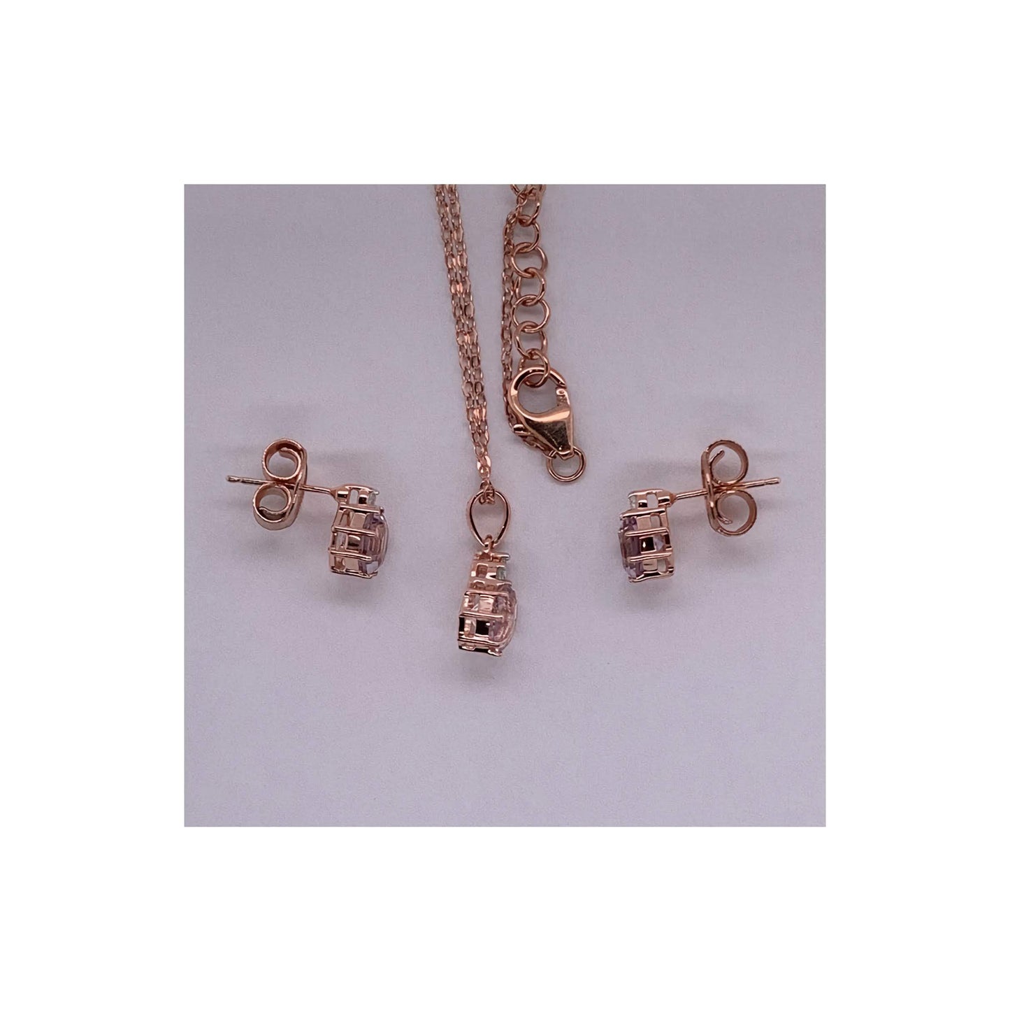 Minimalist Pink Amethyst Pendant Earring 2pc set 18K Gold Plated Silver