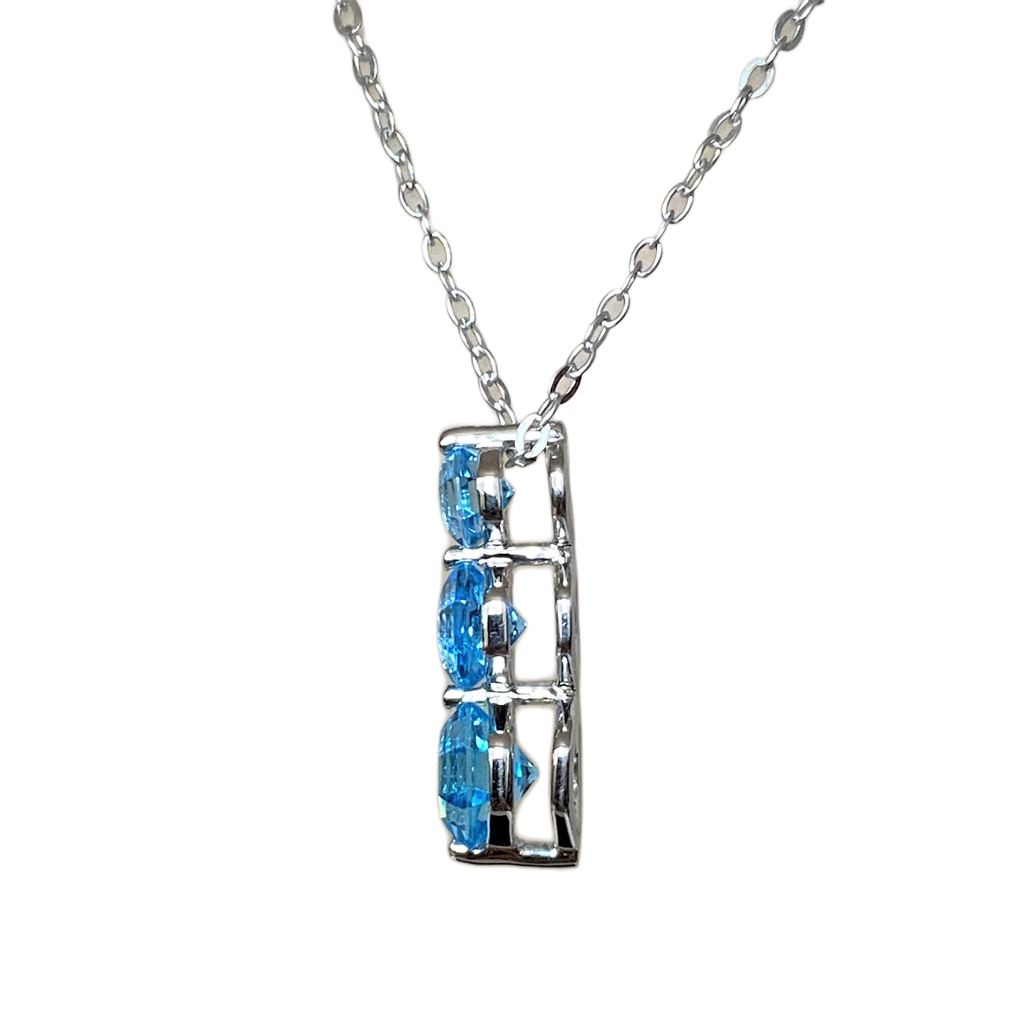 FARA Three Stone Blue Topaz Drop Pendant Necklace for Women, Sterling Silver with 18 inch Chain