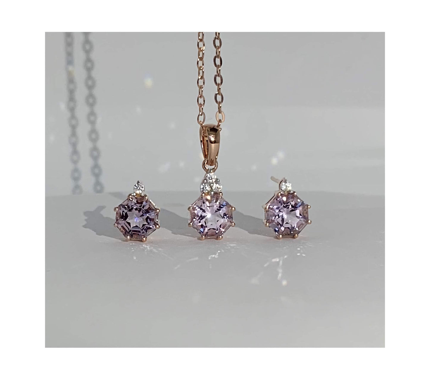 Minimalist Pink Amethyst Pendant Earring 2pc set 18K Gold Plated Silver