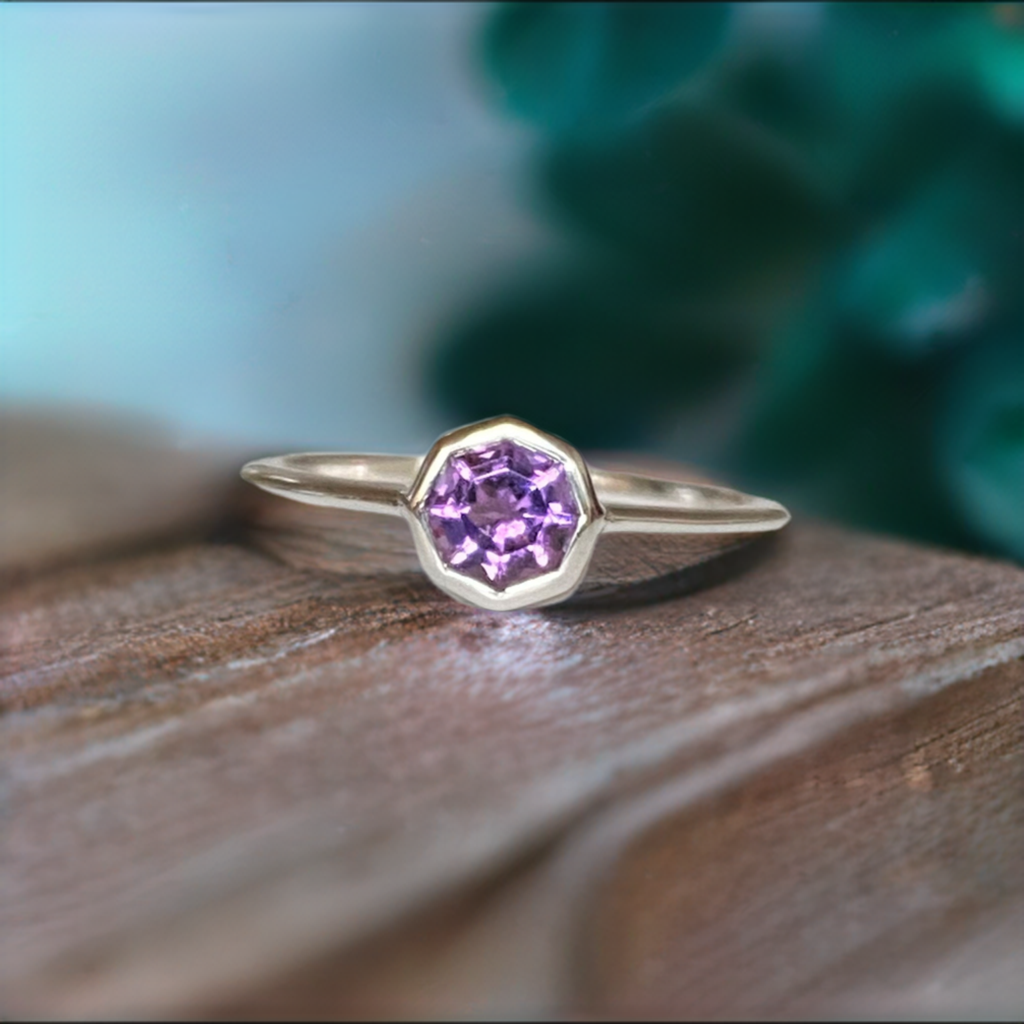 FARA Bezel Set Amethyst Engagement / Promise / Stackable Ring Sterling Silver