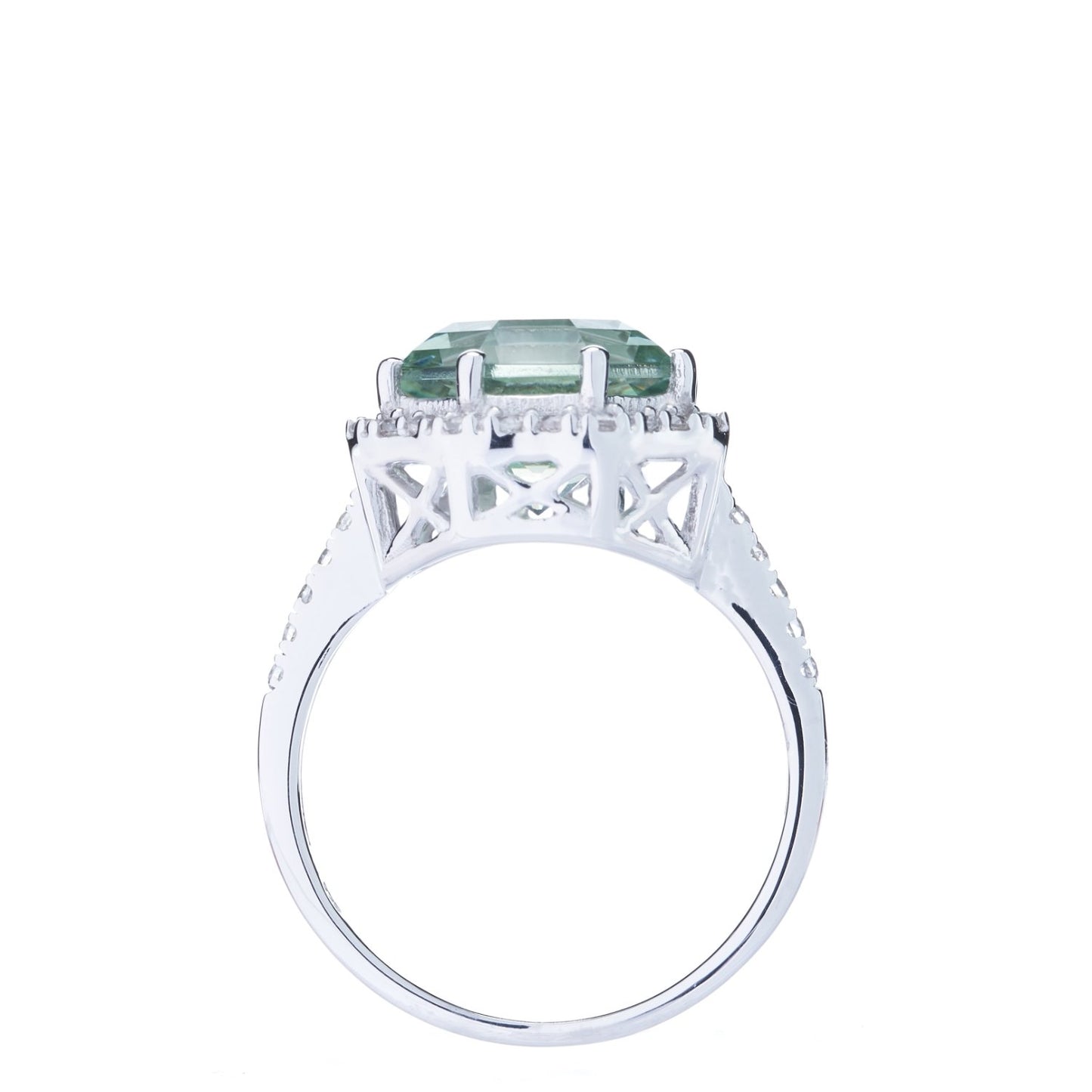 Classic Statement Halo Prasiolite FARA Gem & Natural White Zircon Ring, Sterling Silver