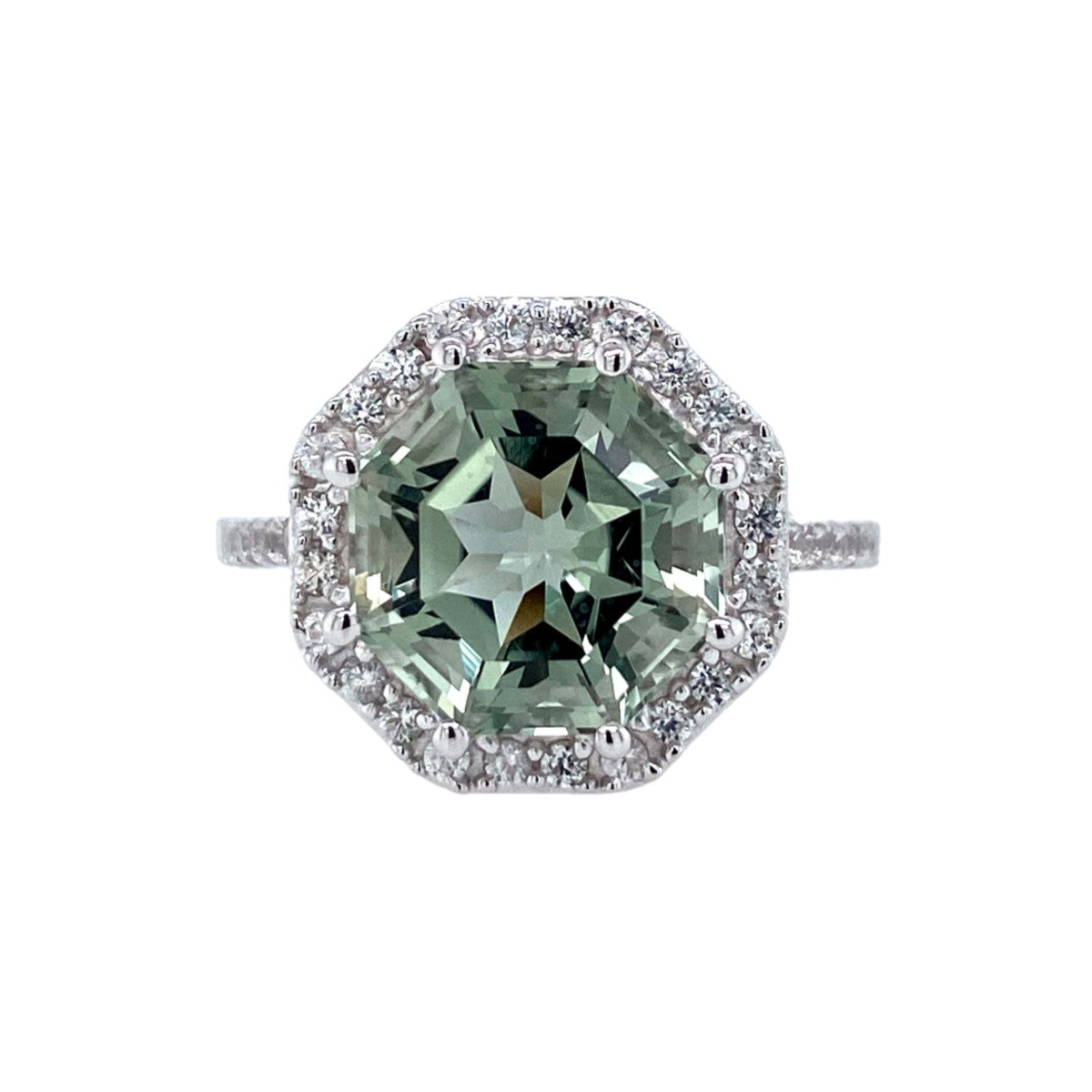 Classic Statement Halo Prasiolite FARA Gem & Natural White Zircon Ring, Sterling Silver