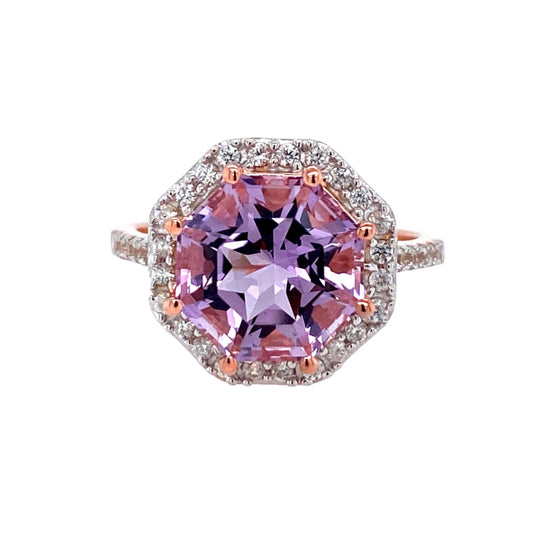 Statement Ring Pink Amethyst FARA Gem and White Zircon, 18K Rose Gold Silver