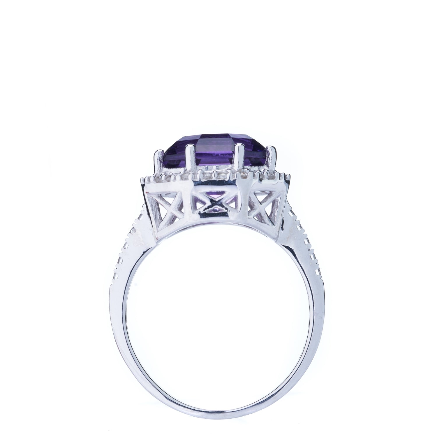 Classic Halo Amethyst FARA Cut  & Natural White Zircon Ring, Sterling Silver