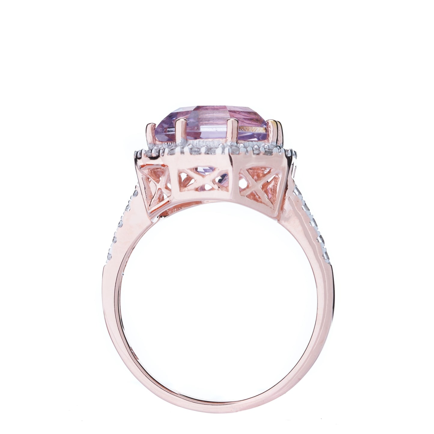 Statement Ring Pink Amethyst FARA Gem and White Zircon, 18K Rose Gold Silver