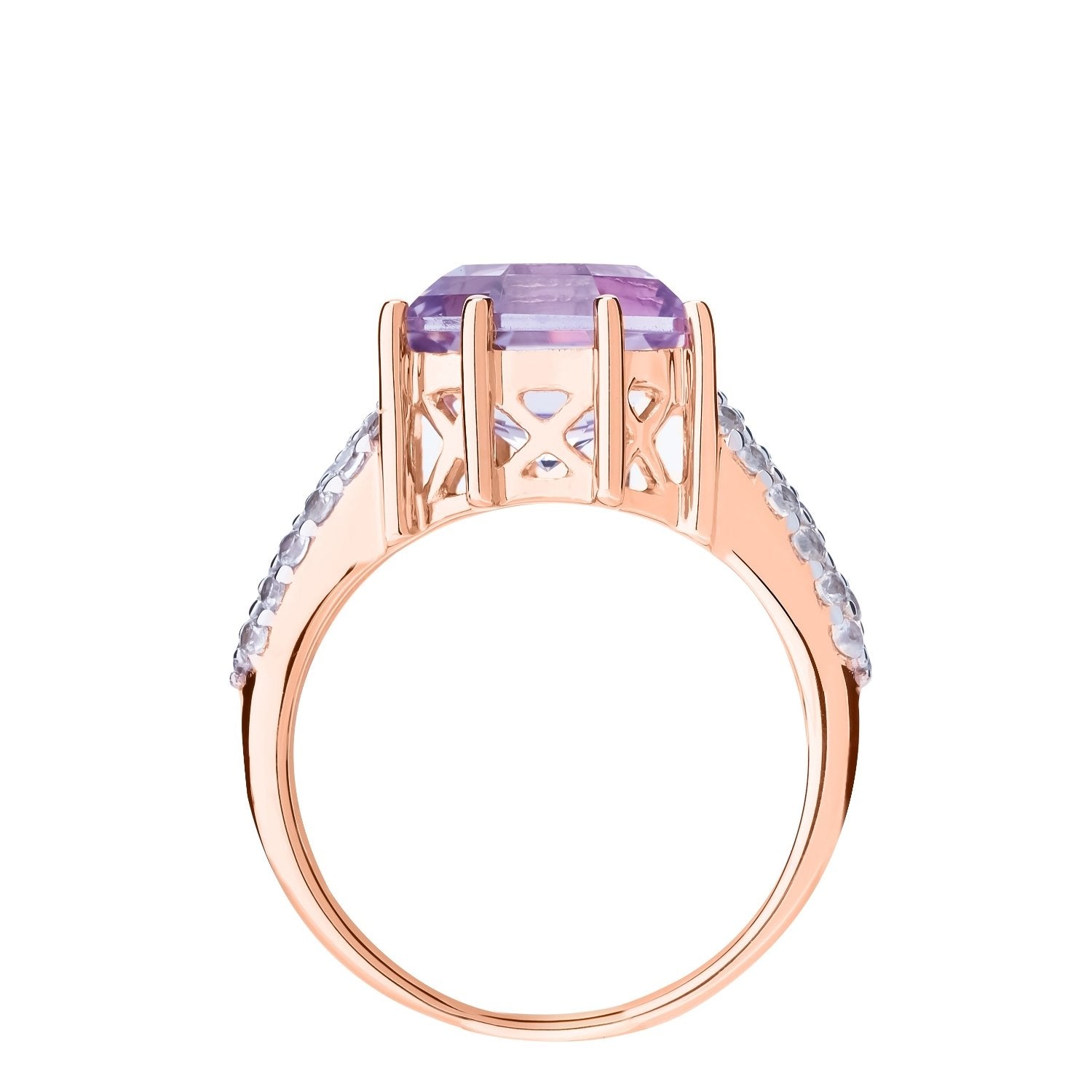 Classic Wide Pave Band Statement Pink Amethyst FARA Gem & White Zircon Ring,18K Rose Gold Plated Silver