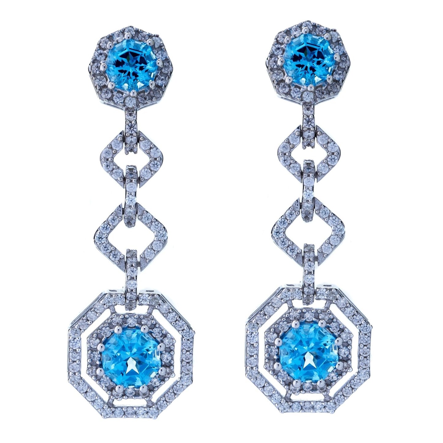 Statement Blue Topaz FARA Cut & White Zircon Link Drop Earrings, Sterling Silver