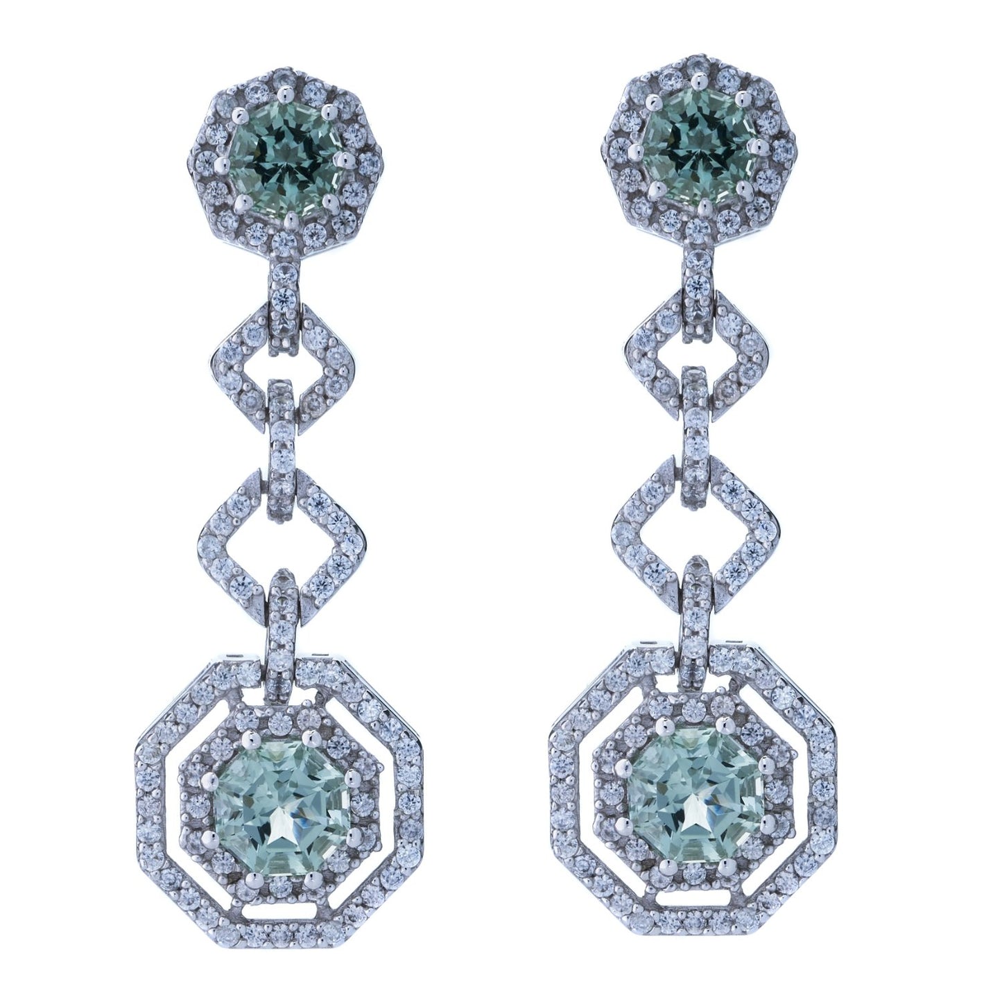 Statement Prasiolite FARA Cut & White Zircon Link Drop Earrings, Sterling Silver