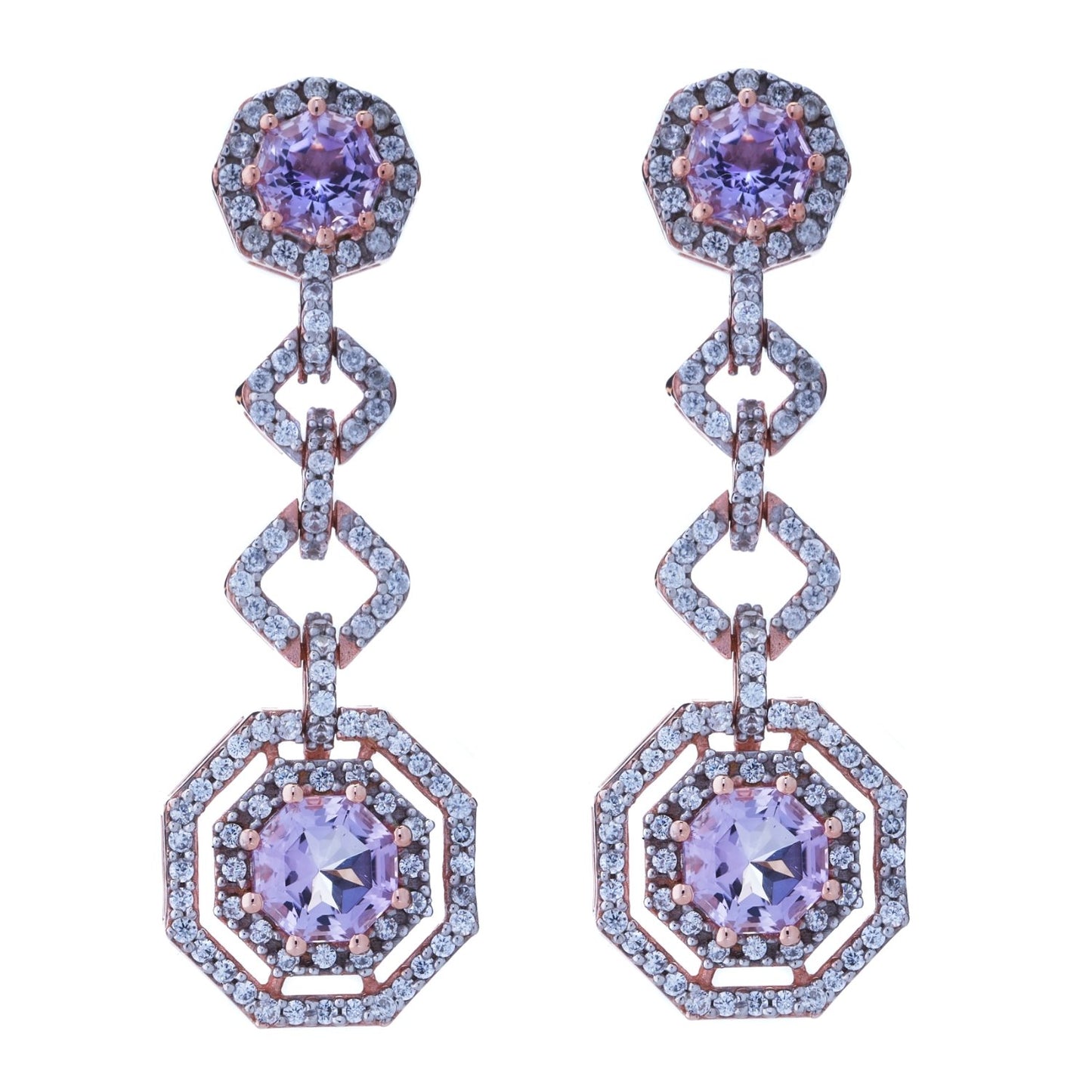 Statement Pink Amethyst FARA Cut & White Zircon Link Drop Earrings,18K Rose Gold Plated Silver