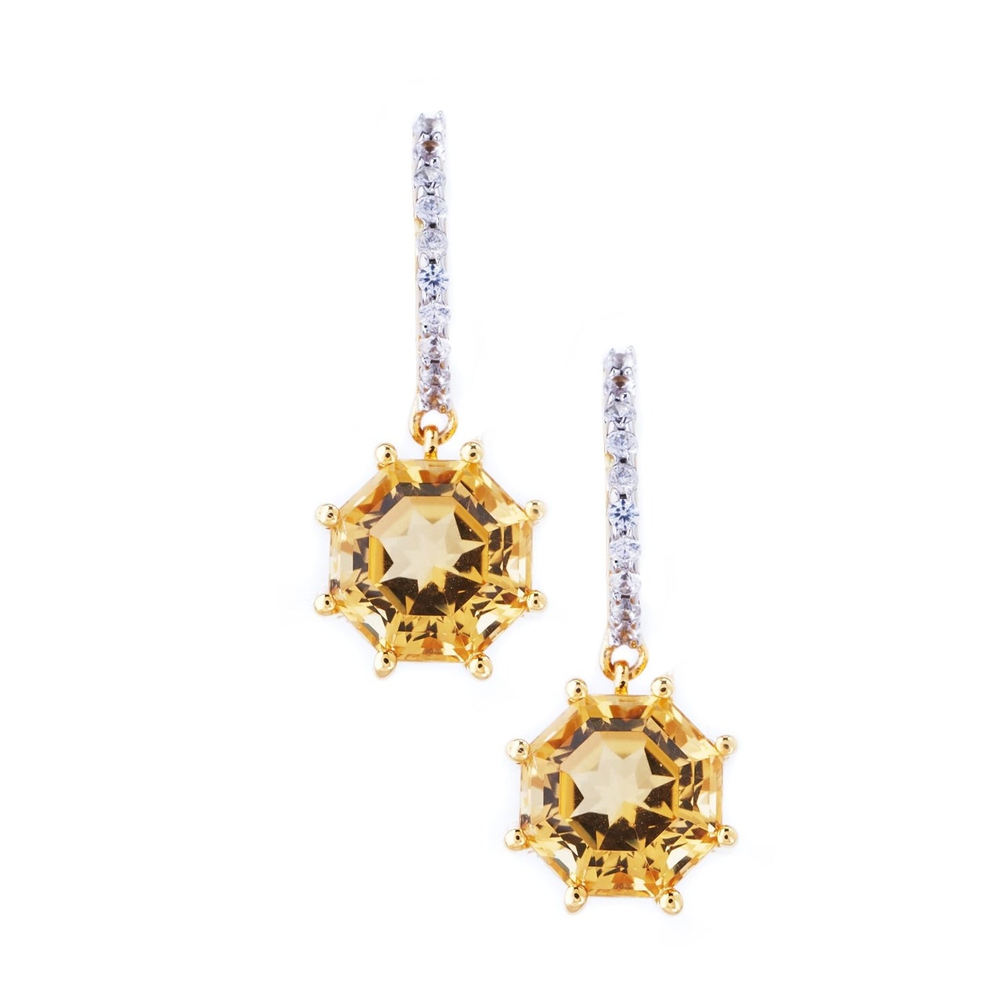 Classic Hoop Drop Citrine FARA Cut & White Zircon Earring, 18K Gold Plated Silver