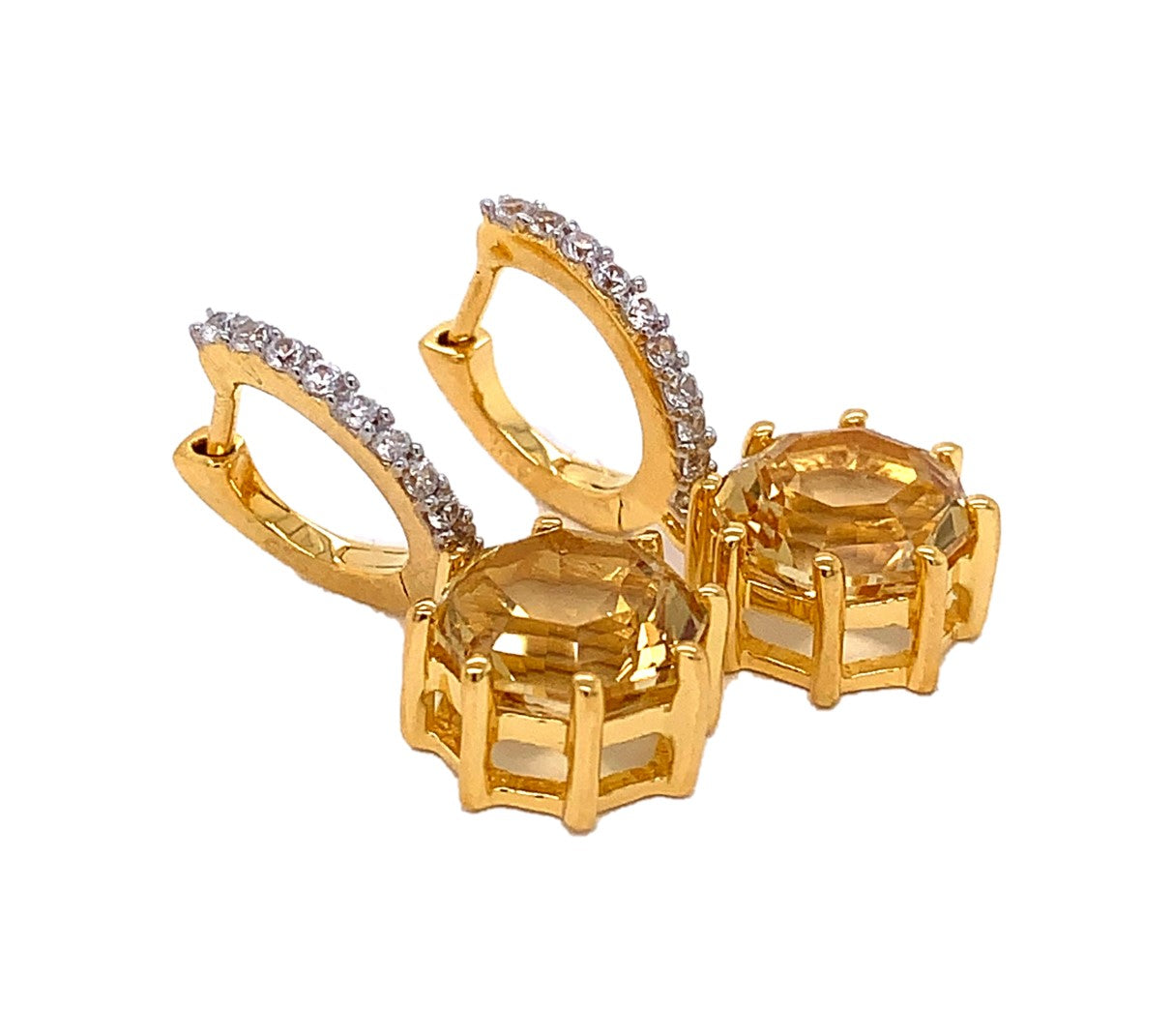Classic Hoop Drop Citrine FARA Cut & White Zircon Earring, 18K Gold Plated Silver