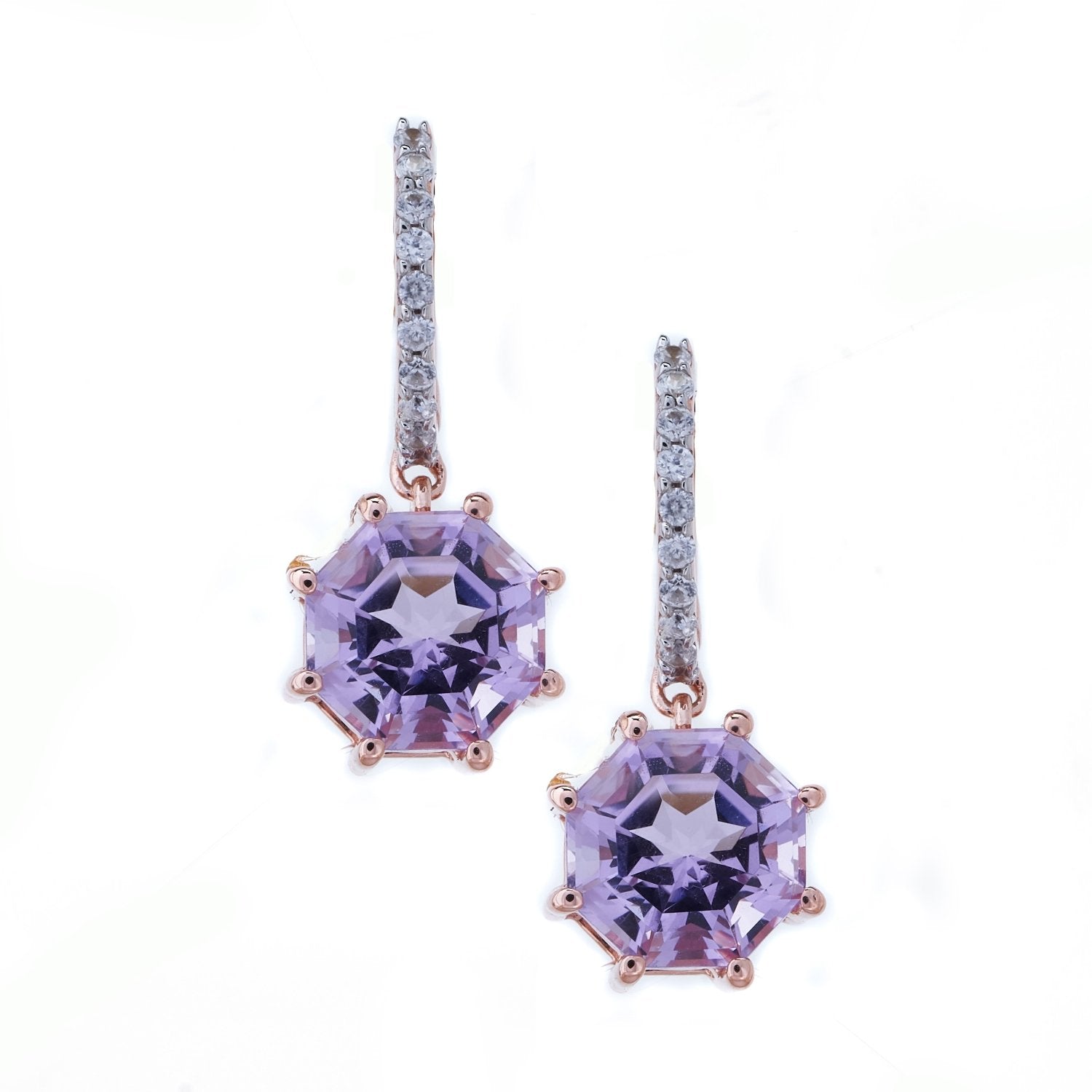 Classic Hoop Drop Pink Amethyst FARA Cut Earring,18K Rose Gold Plated Silver