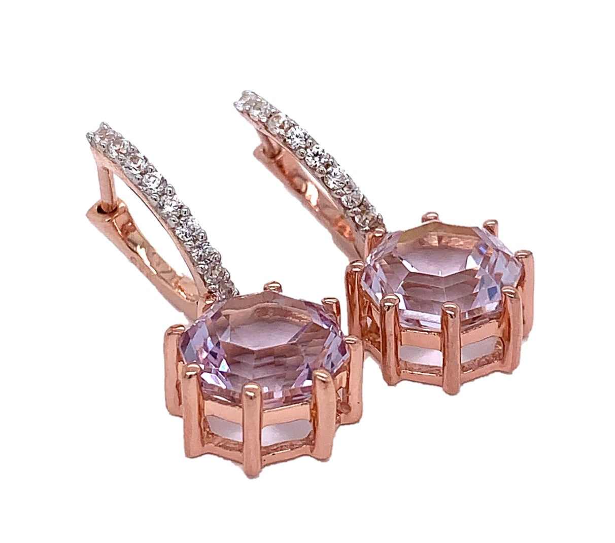 Classic Hoop Drop Pink Amethyst FARA Cut Earring,18K Rose Gold Plated Silver