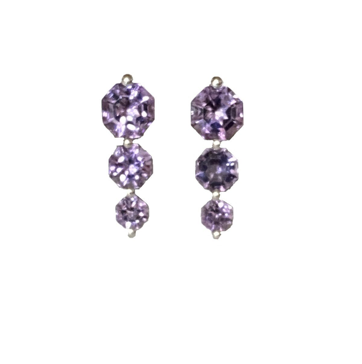 Three Stone Amethyst FARA Gem Earrings, Sterling Silver
