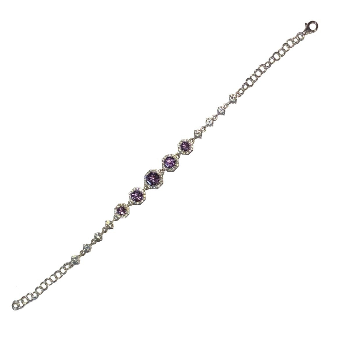 FARA Amethyst with White Zircon Halo Link Bracelet, Sterling Silver, Fine Jewelry for Women