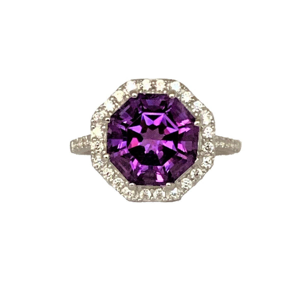 Classic Halo Amethyst FARA Cut & Natural White Zircon Ring, Sterling Silver
