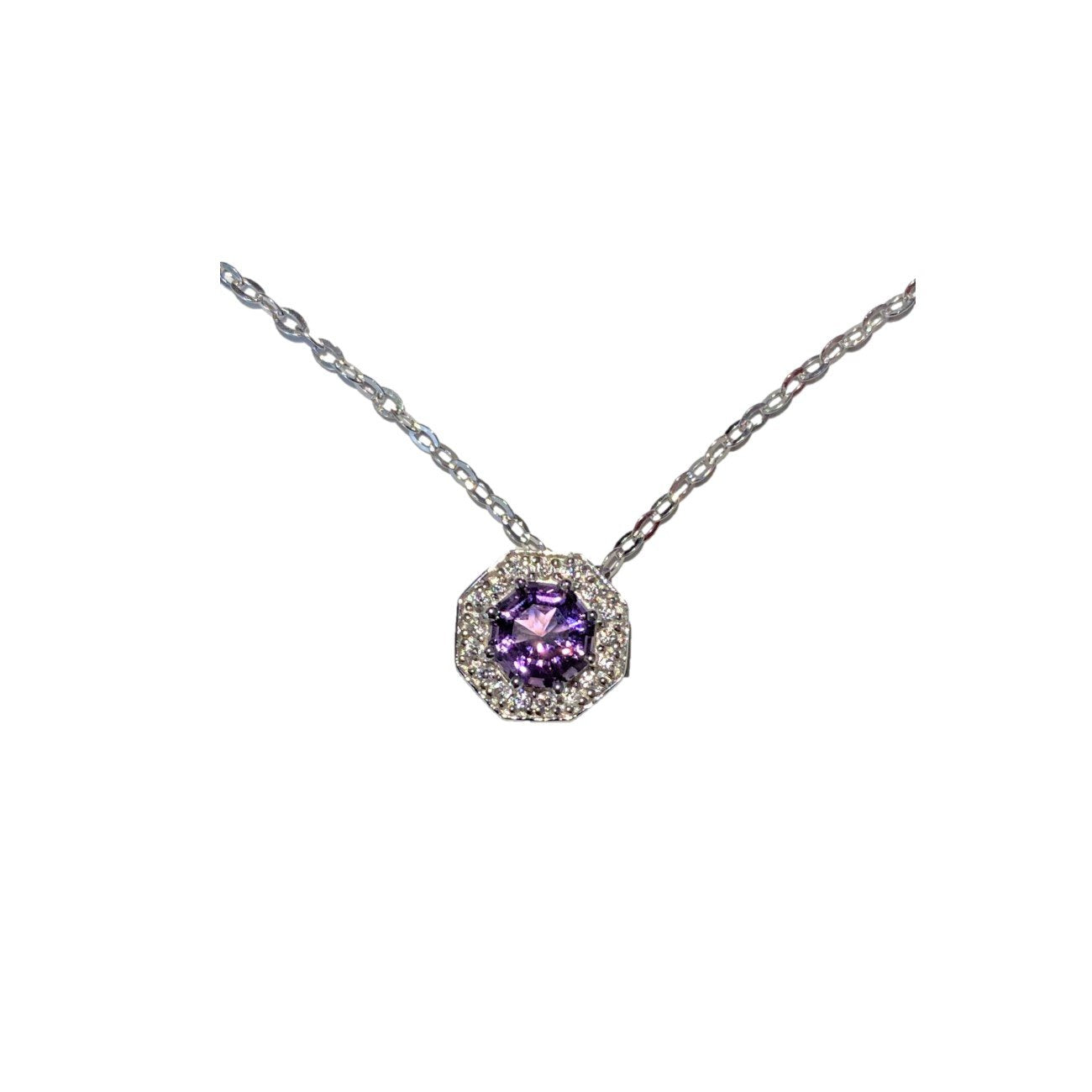 2ct. Amethyst & Natural White Zircon Halo Pendant Necklace, Sterling Silver, 18 inch Chain February birthstone fine jewelry gift for women