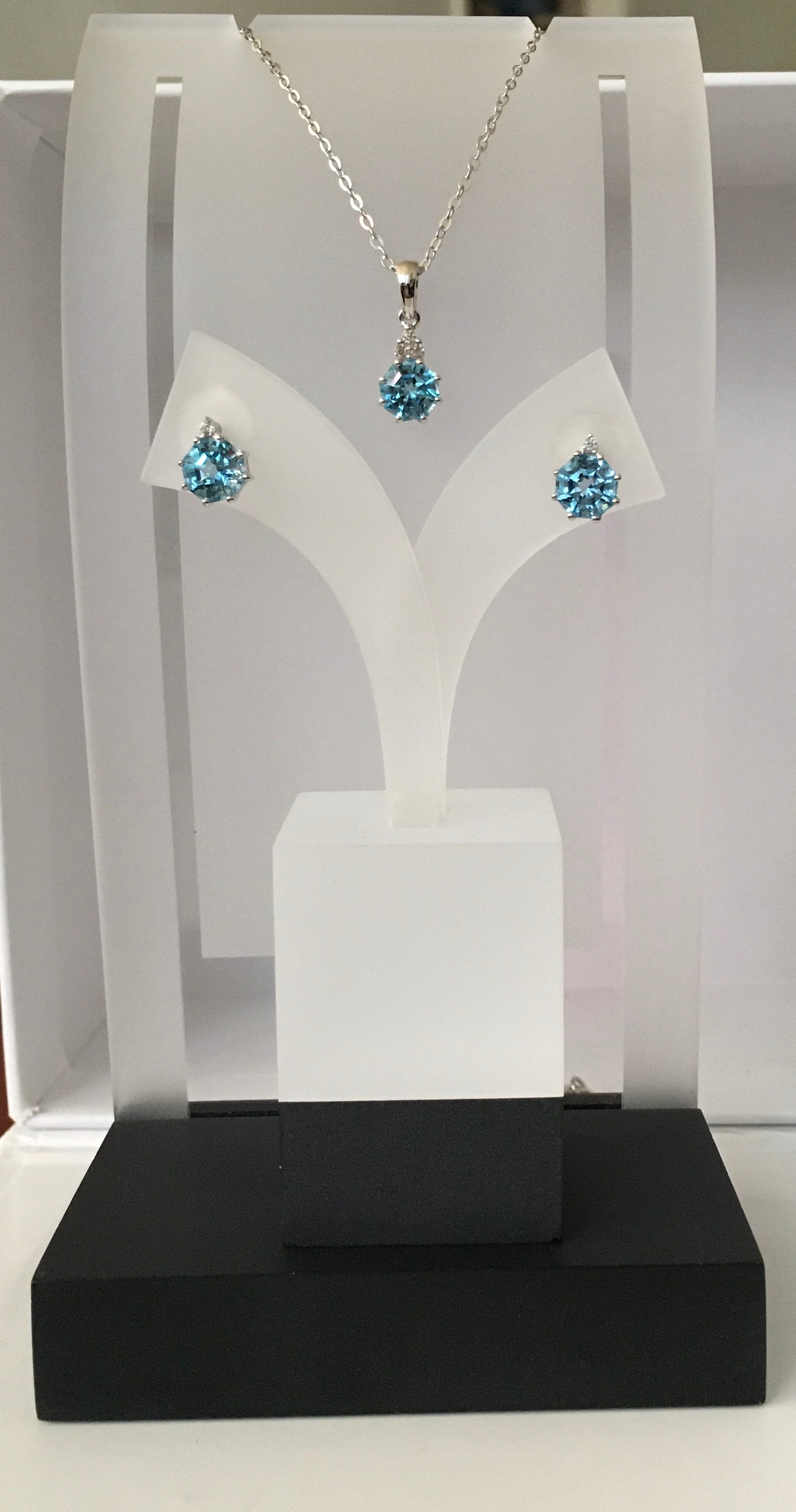 Classic 2pc Pendant-Earring Set with Blue Topaz & Natural White Zircon FARA Cut Sterling Silver
