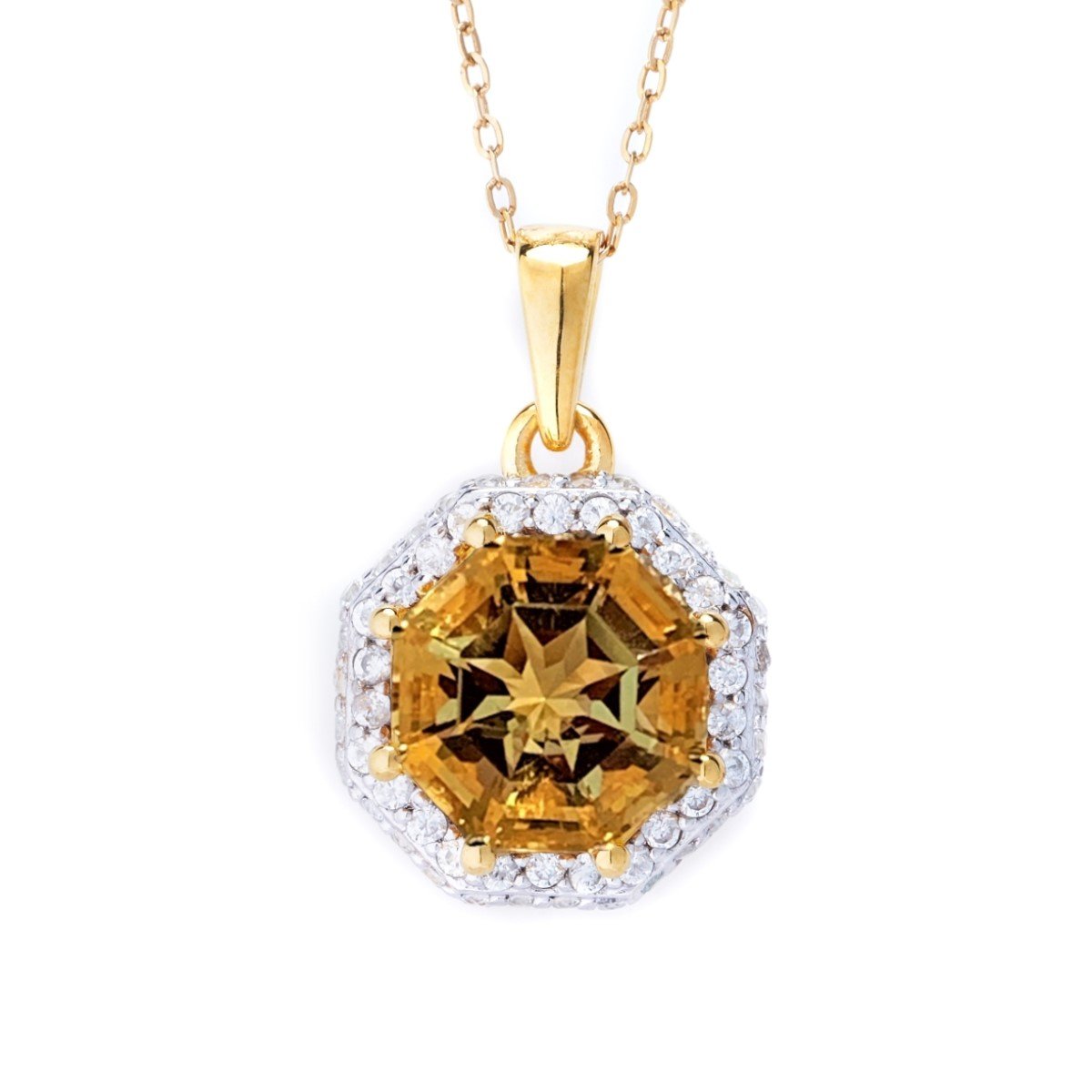 Classic Halo Citrine FARA Cut & White Zircon Pendant with Chain, 18K Gold Plated Silver