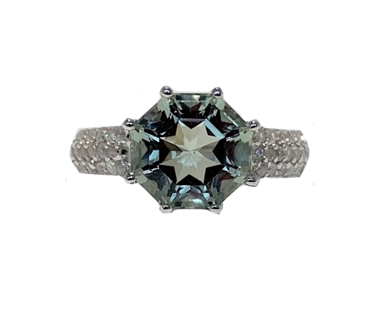 Classic Wide Pave Band Statement Prasiolite FARA Gem & Natural White Zircon Ring, Sterling Silver