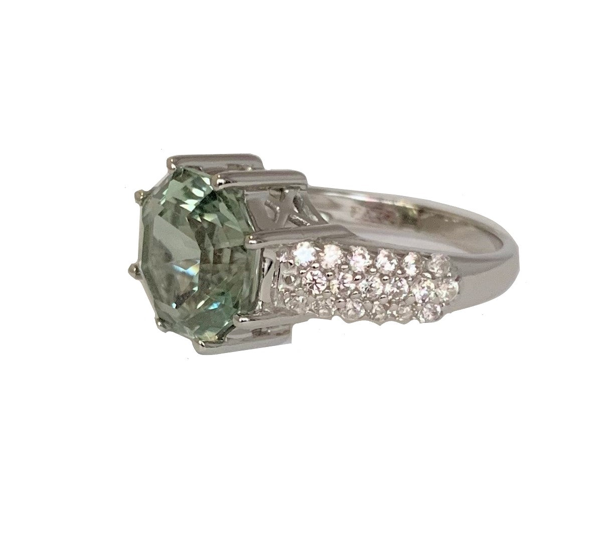 Classic Wide Pave Band Statement Prasiolite FARA Gem & Natural White Zircon Ring, Sterling Silver