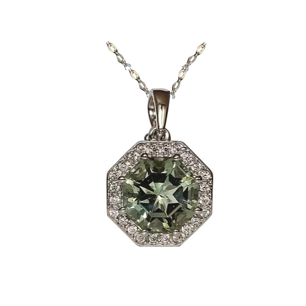 Classic Halo Prasiolite FARA Cut & Natural White Zircon Pendant with Chain in Sterling Silver