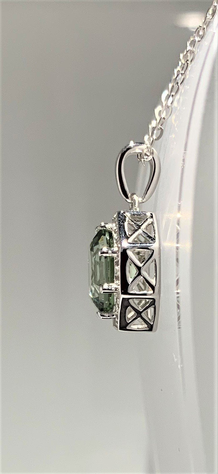 Classic Halo Prasiolite FARA Cut & Natural White Zircon Pendant with Chain in Sterling Silver
