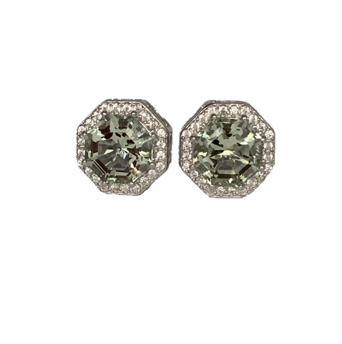 Classic Halo Prasiolite-Green Quartz FARA Cut & White Zircon Earring, Sterling Silver