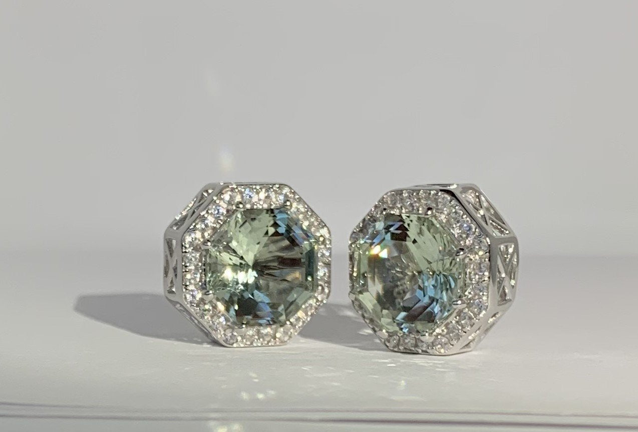 Classic Halo Prasiolite-Green Quartz FARA Cut & White Zircon Earring, Sterling Silver