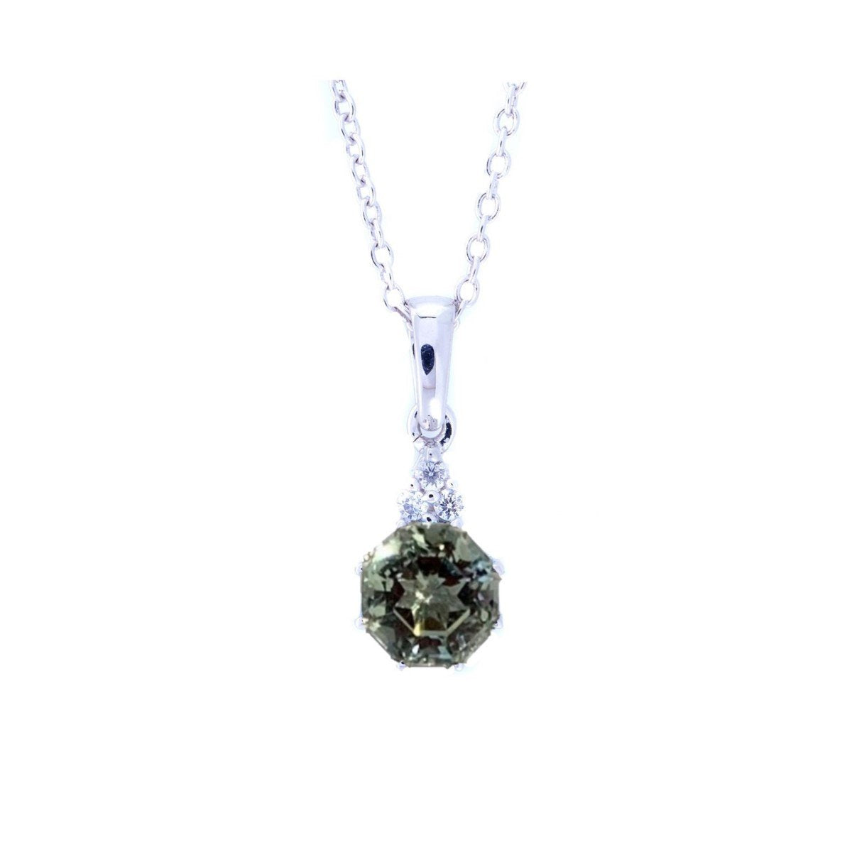 FARA Prasiolite & Natural White Zircon Pendant Necklace Sterling Silver 18 inch chain with extender for Women
