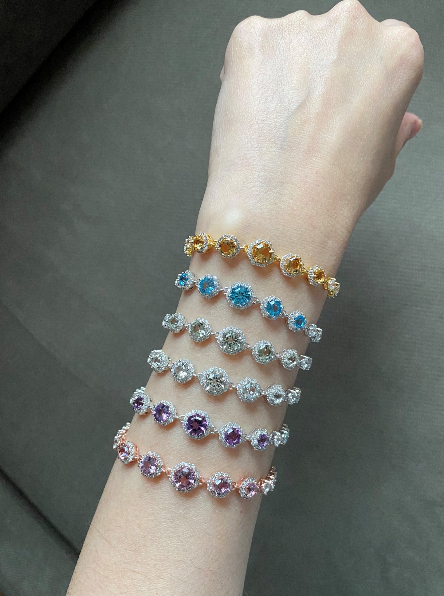 FARA Blue Topaz with White Zircon Halo Link Bracelet, Sterling Silver, Fine Jewelry for Women