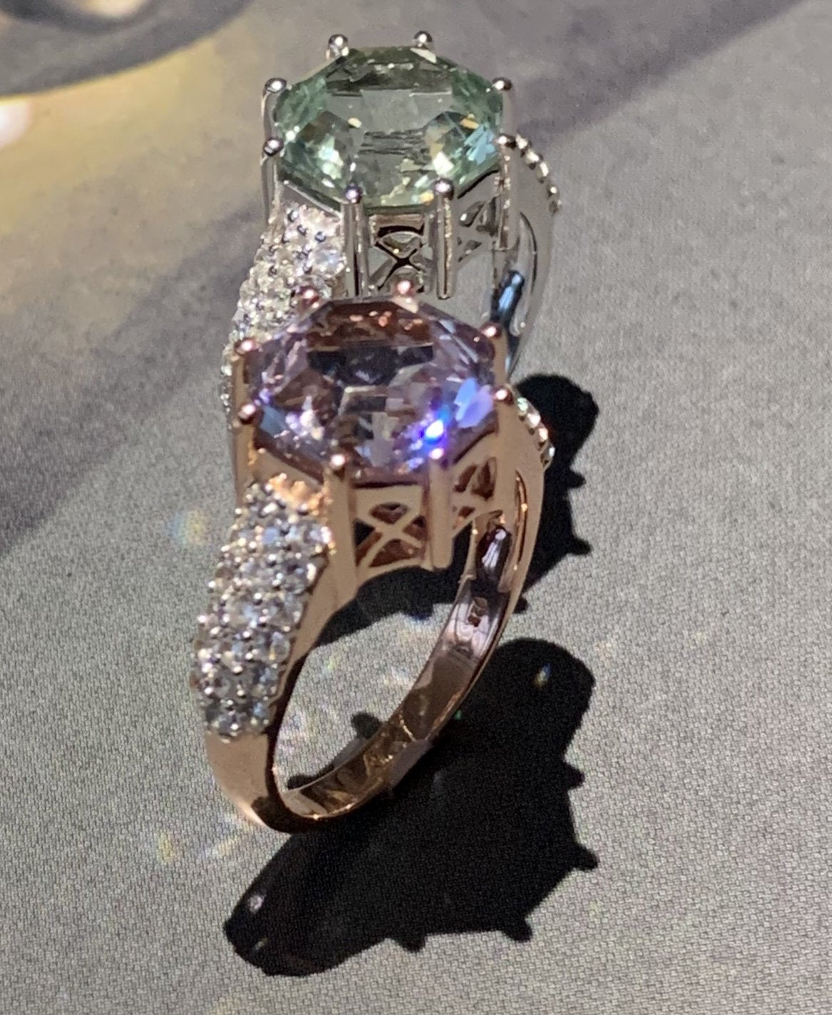 Classic Wide Pave Band Statement Prasiolite FARA Gem & Natural White Zircon Ring, Sterling Silver