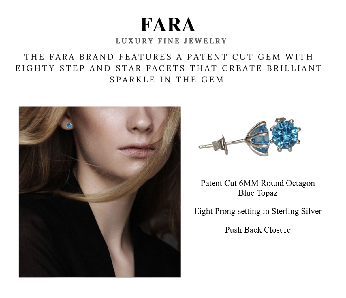Classic Solitaire Blue Topaz FARA Cut Stud Earring, Sterling Silver