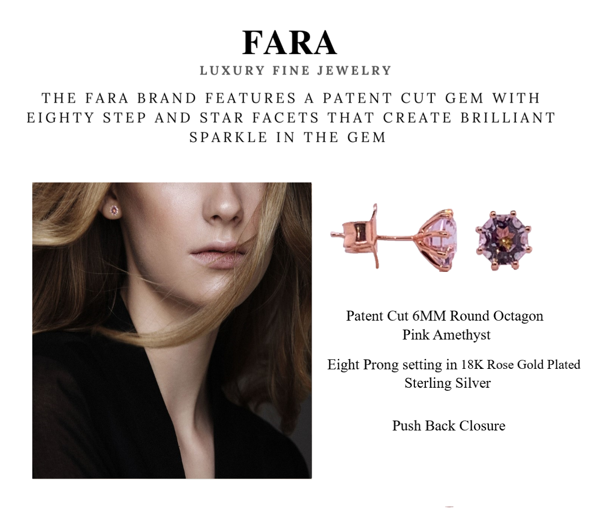 Classic Solitaire Pink Amethyst FARA Cut Stud Earring, 18K Rose Gold Plated Silver