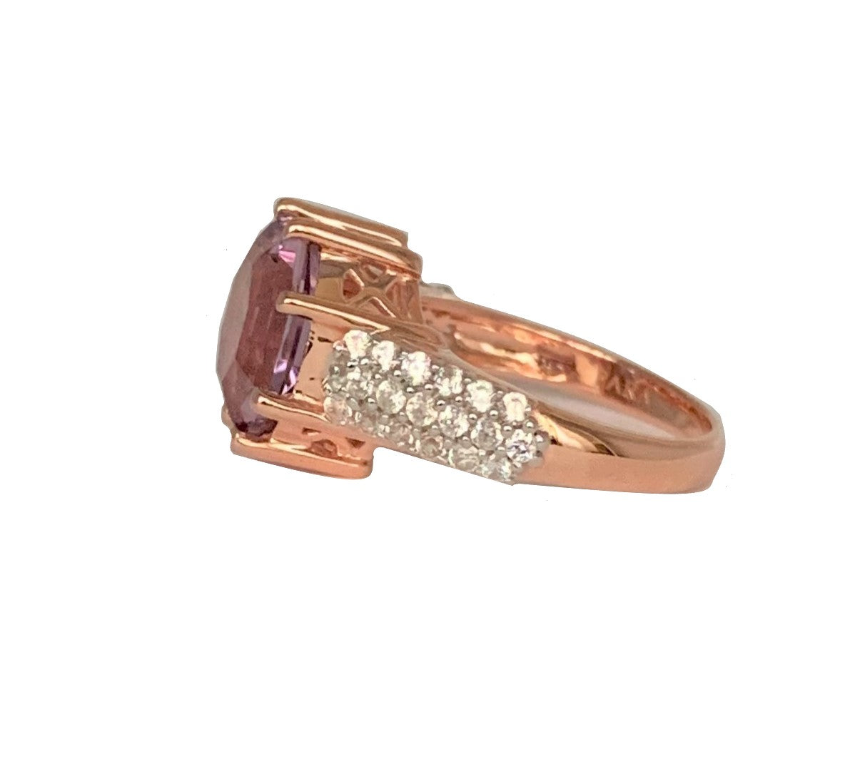 Classic Wide Pave Band Statement Pink Amethyst FARA Gem & White Zircon Ring,18K Rose Gold Plated Silver