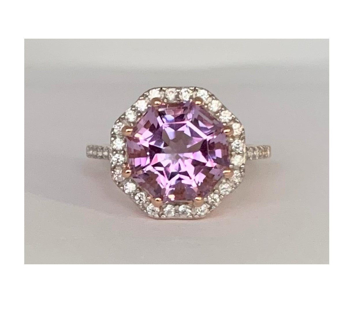 Statement Ring Pink Amethyst FARA Gem and White Zircon, 18K Rose Gold Silver