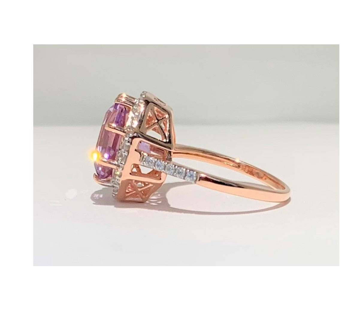 Statement Ring Pink Amethyst FARA Gem and White Zircon, 18K Rose Gold Silver