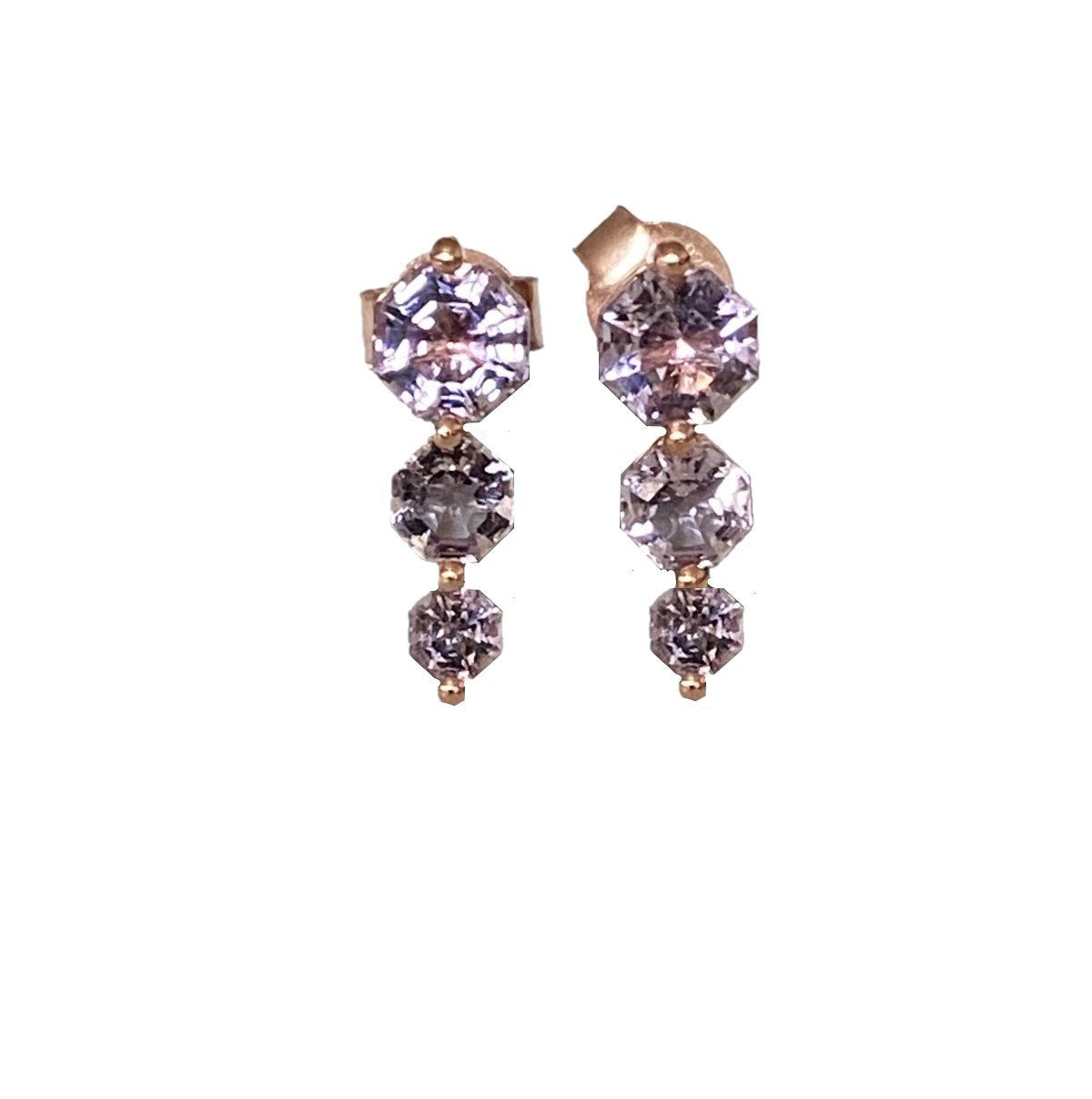 Three Stone Pink Amethyst FARA Gem Earrings, 18K Rose Gold Plated Sterling Silver