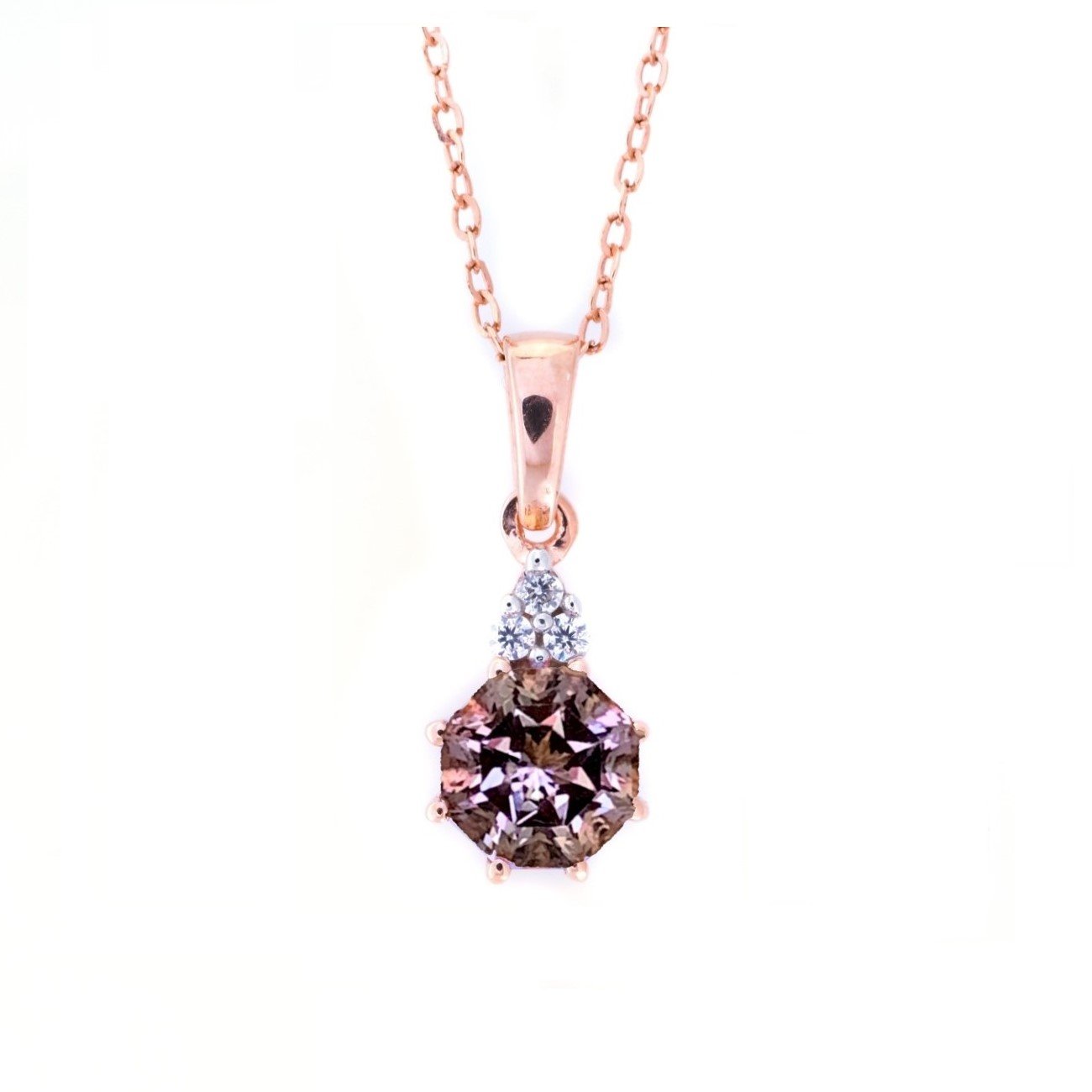 FARA Pink Amethyst & Natural White Zircon Pendant Necklace 18K Rose Gold Plated Silver 18 inch chain with extender for Women