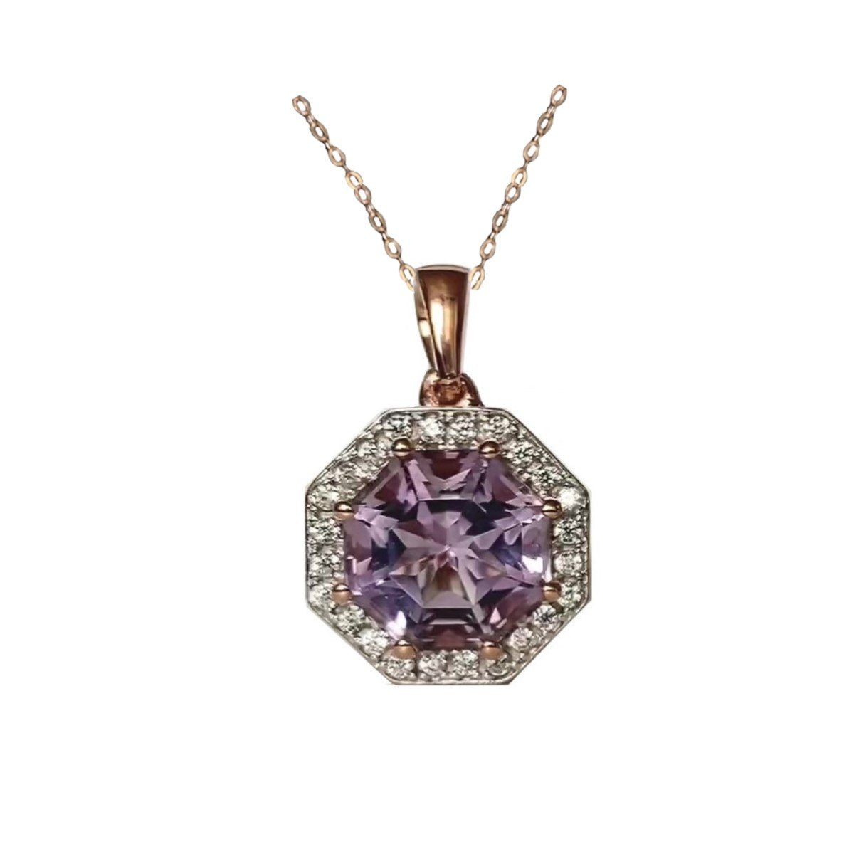Classic Statement Halo Pink Amethyst FARA Cut & Natural White Zircon Pendant,18K Rose Gold Plated Sterling Silver
