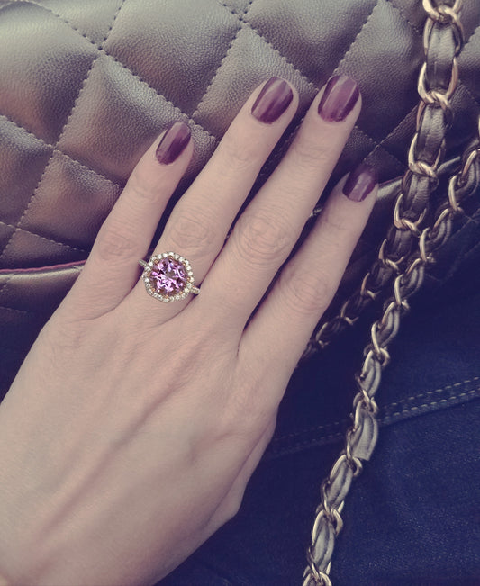 Statement Ring Pink Amethyst FARA Gem and White Zircon, 18K Rose Gold Silver