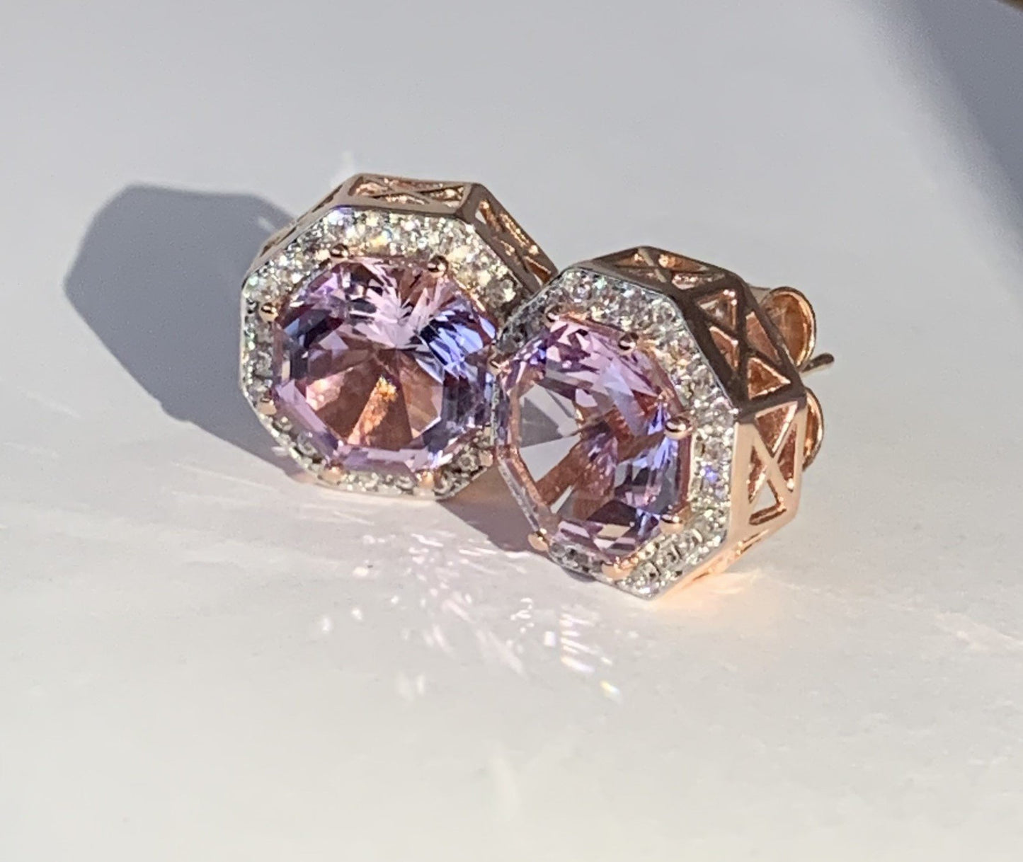 Classic Halo Pink Amethyst FARA Cut & Natural White Zircon Earring,18K Rose Gold Plated Silver