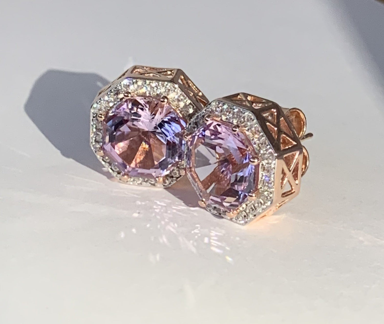 Classic Halo Pink Amethyst FARA Cut & Natural White Zircon Earring,18K Rose Gold Plated Silver