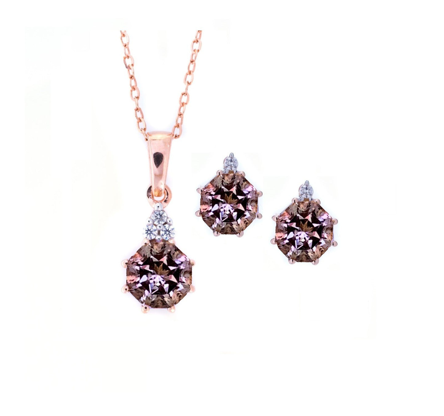 Minimalist Pink Amethyst Pendant Earring 2pc set 18K Gold Plated Silver