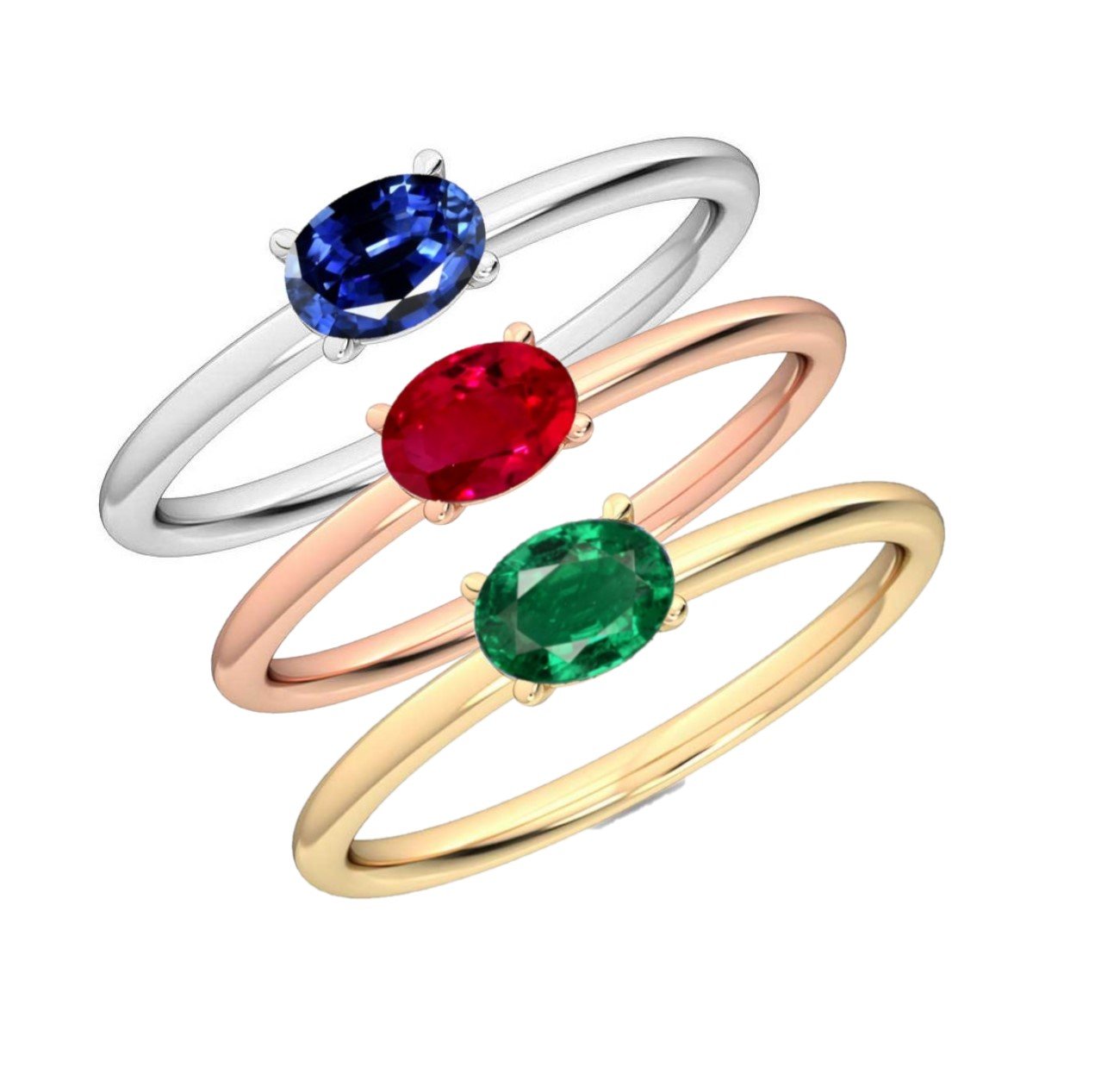 Oval Cut Petite Ruby Emerald Sapphire Ring in 14K White Rose or Yellow Gold, Precious Gemstone Ring for Women, Fine Jewelry