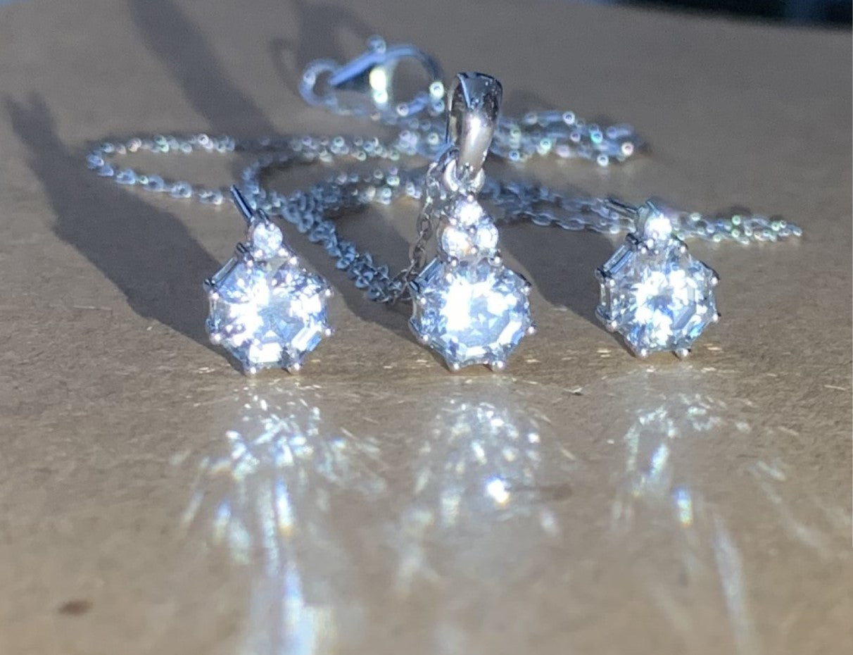 Diamond Look Classic 2pc Pendant Earring Set in White Topaz and Natural White Zircon in Sterling Silver