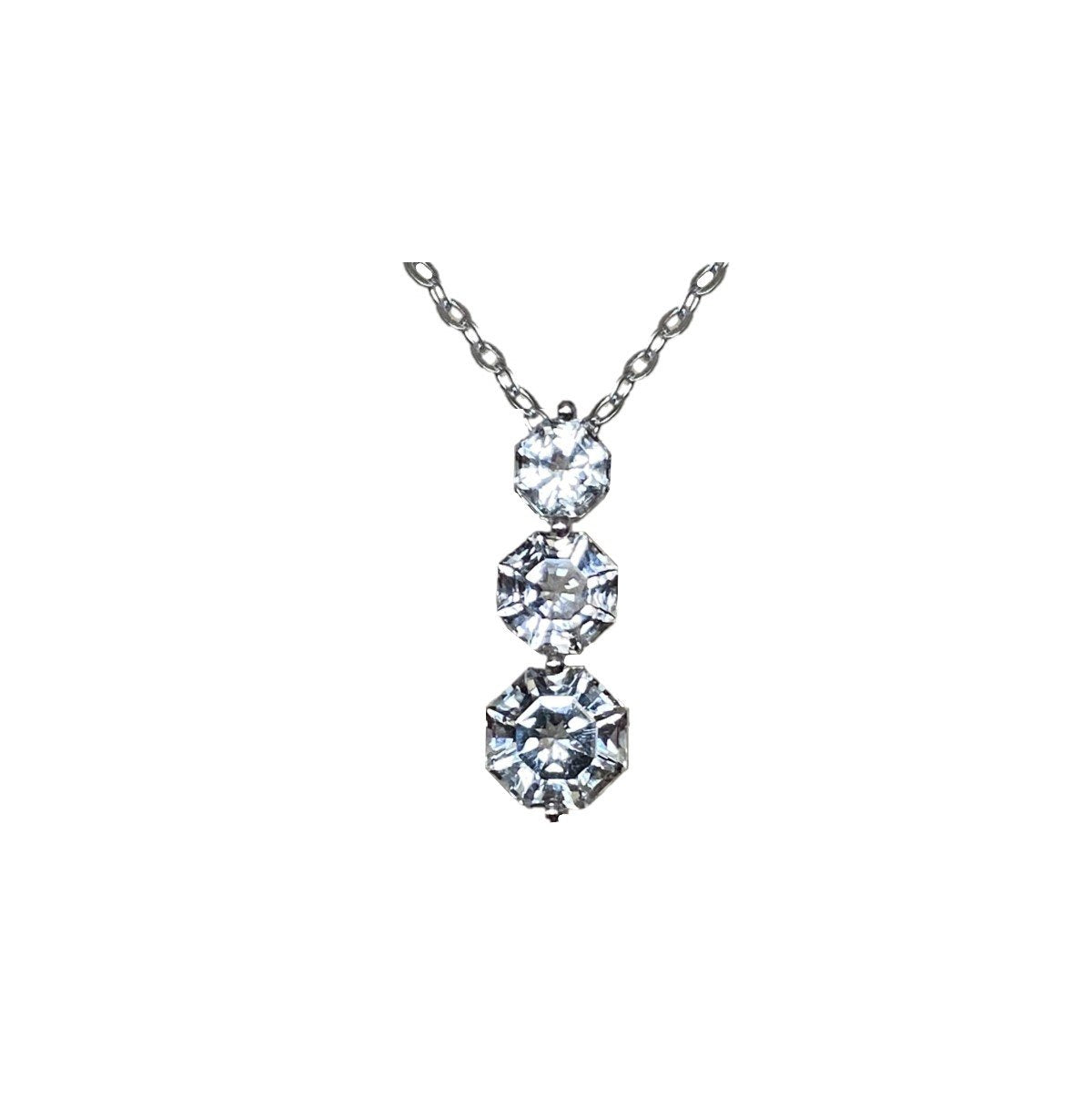 FARA Three Stone White Topaz Drop Pendant Necklace for Women, Sterling Silver with 18 inch Chain